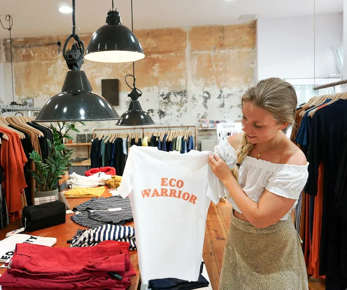An 'Eco Warrior' tee in a vegan fair-fashion store