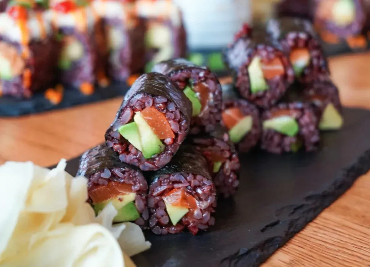 Vegan black-rice sushi with avocado and vegan salmon